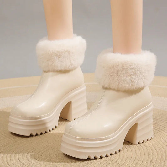 Gominglo - Women's Chunky High Heels Winter Warm Plush Ankle Boots GOMINGLO