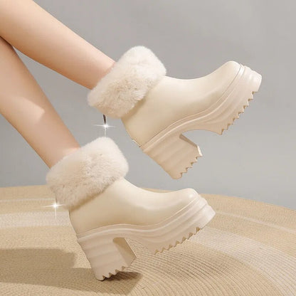 Gominglo - Women's Chunky High Heels Winter Warm Plush Ankle Boots GOMINGLO