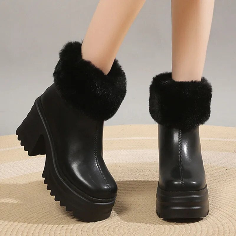 Gominglo - Women's Chunky High Heels Winter Warm Plush Ankle Boots GOMINGLO