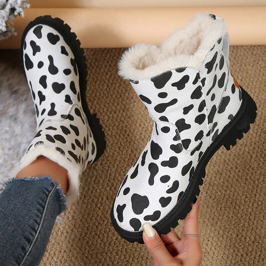 Gominglo - Women's Cow Pattern Thick Plush Snow Warm Cotton Padded Ankle Boots GOMINGLO