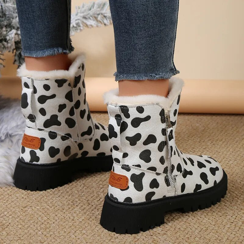 Gominglo - Women's Cow Pattern Thick Plush Snow Warm Cotton Padded Ankle Boots GOMINGLO
