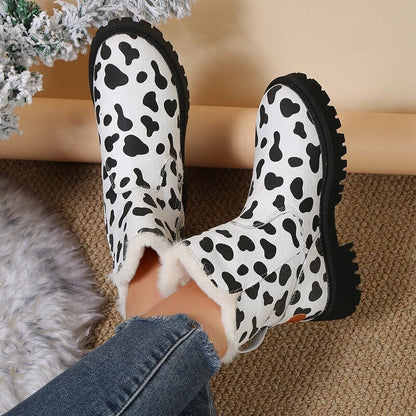 Gominglo - Women's Cow Pattern Thick Plush Snow Warm Cotton Padded Ankle Boots GOMINGLO