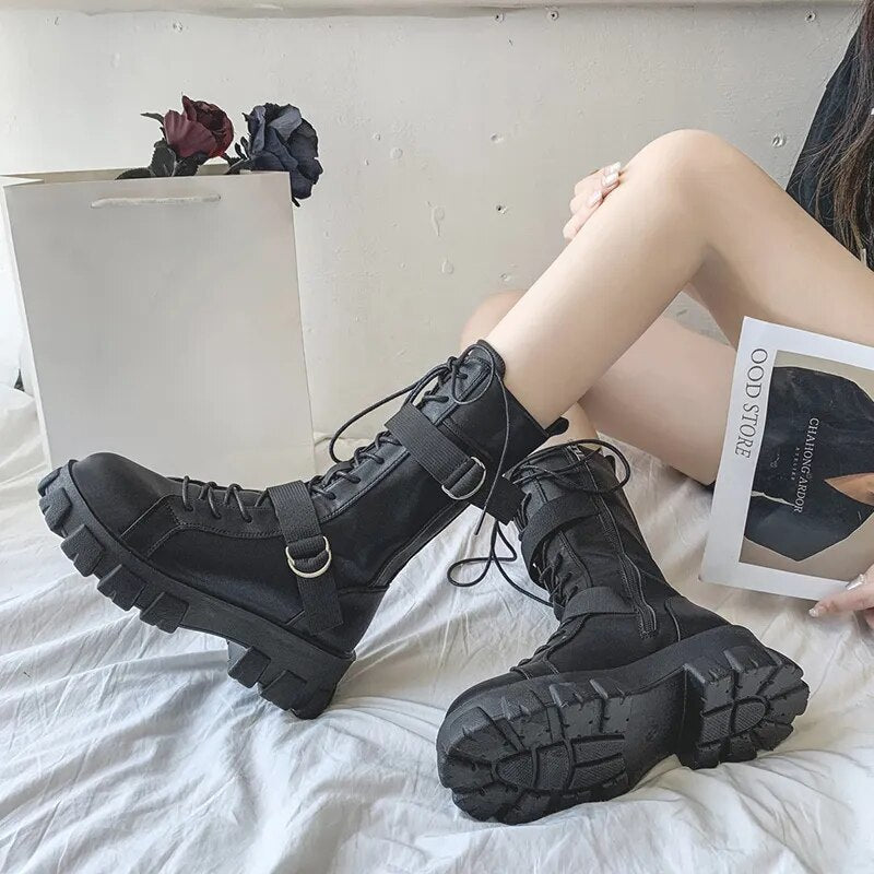 Gominglo - Women's Fashion Chunky Platform Autumn Winter PU Leather Mid-Calf Boots GOMINGLO