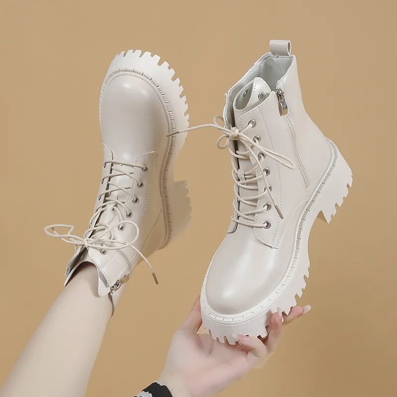 Gominglo - Women's Fashion Metal Decor Lace up Zipper PU Leather Platform Ankle Boots GOMINGLO
