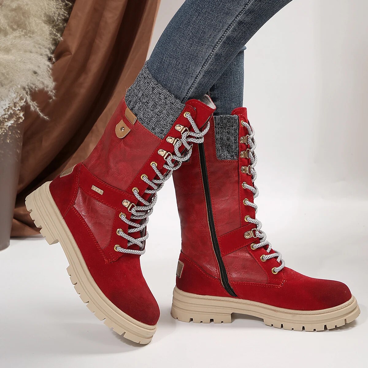 Gominglo -Women's Mid-Calf Autumn Winter Platform Patchwork Long Boots GOMINGLO