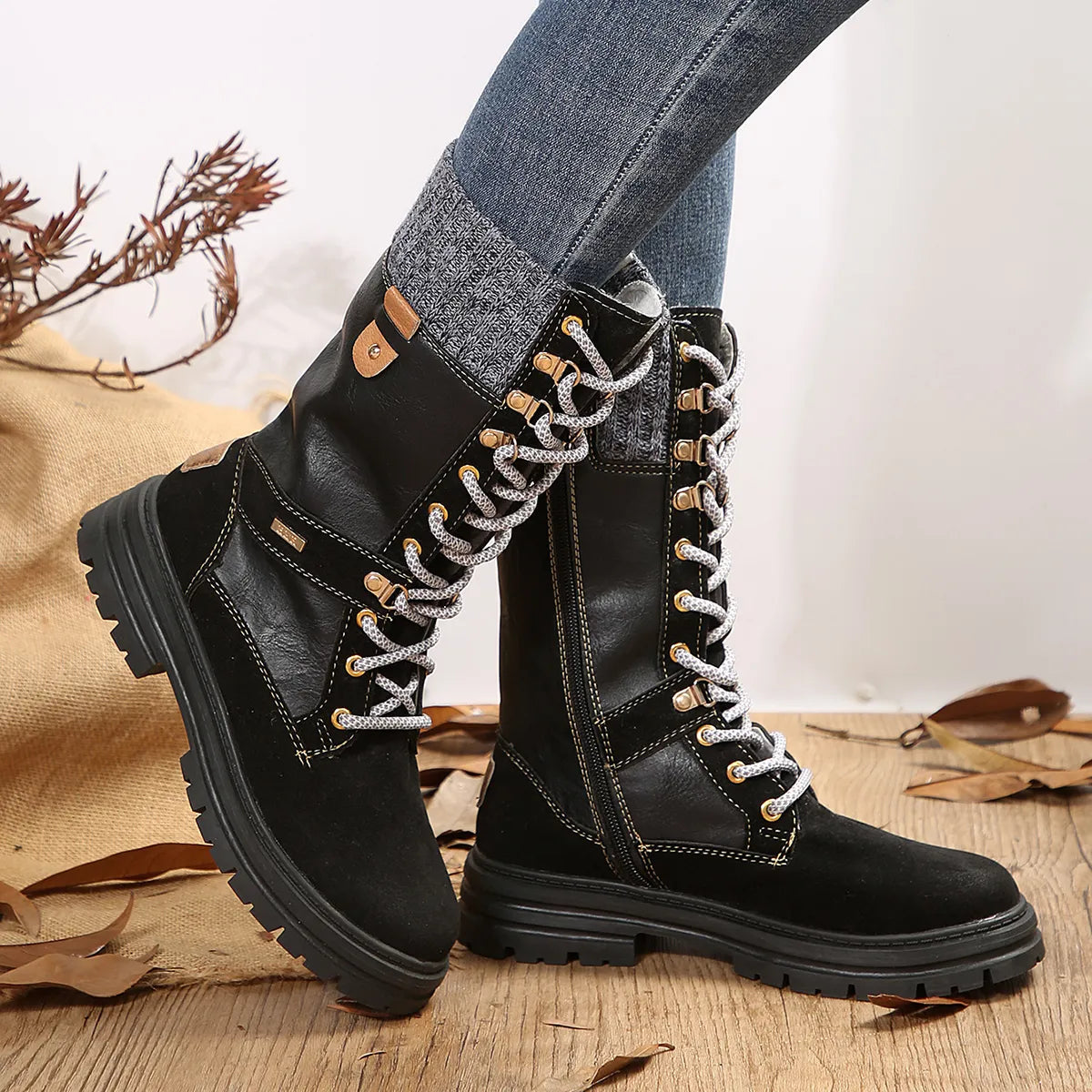 Gominglo -Women's Mid-Calf Autumn Winter Platform Patchwork Long Boots GOMINGLO