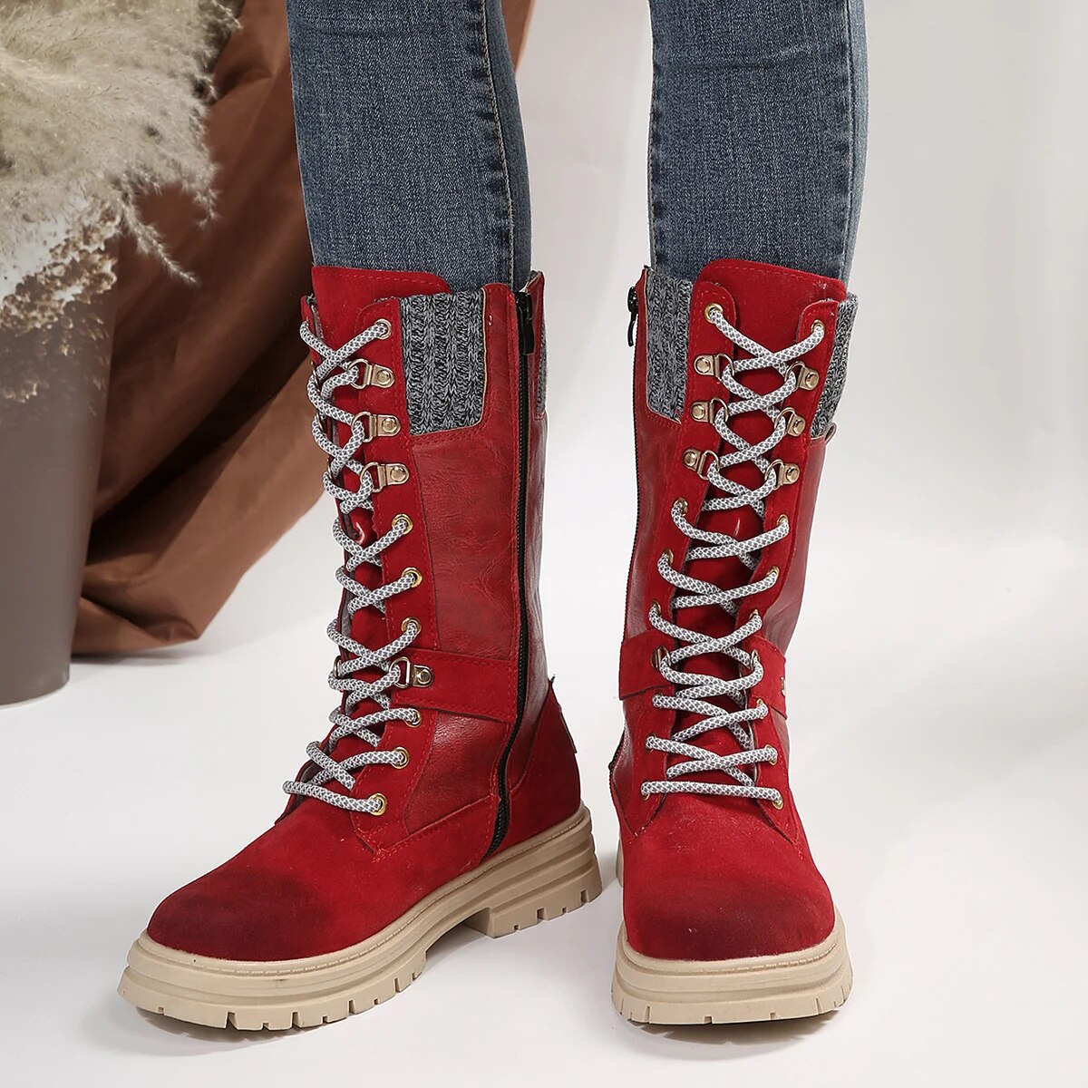 Gominglo -Women's Mid-Calf Autumn Winter Platform Patchwork Long Boots GOMINGLO