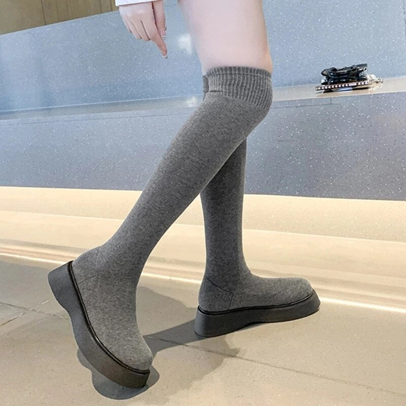 Gominglo - Women's Over The Knee Stretch Knitting Sock Long Autumn Winter Boots GOMINGLO