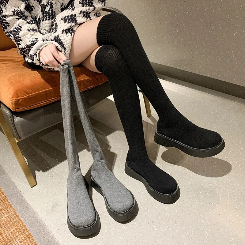 Gominglo - Women's Over The Knee Stretch Knitting Sock Long Autumn Winter Boots GOMINGLO