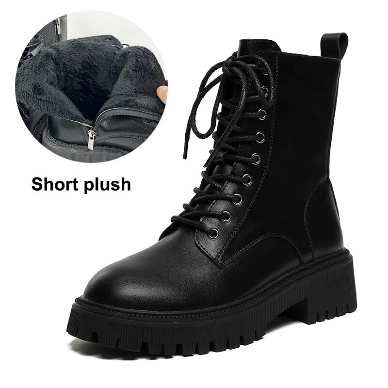 Gominglo - Women's Platform PU Leather Autumn Winter Short Plush Warm Ankle Boots GOMINGLO