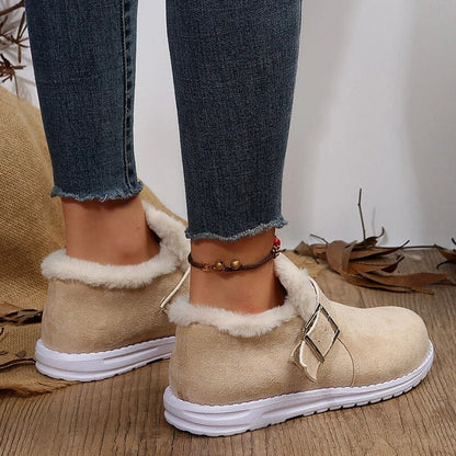 Gominglo - Women's Warm Flat Heels Thick Plush Buckle Winter Shoes GOMINGLO