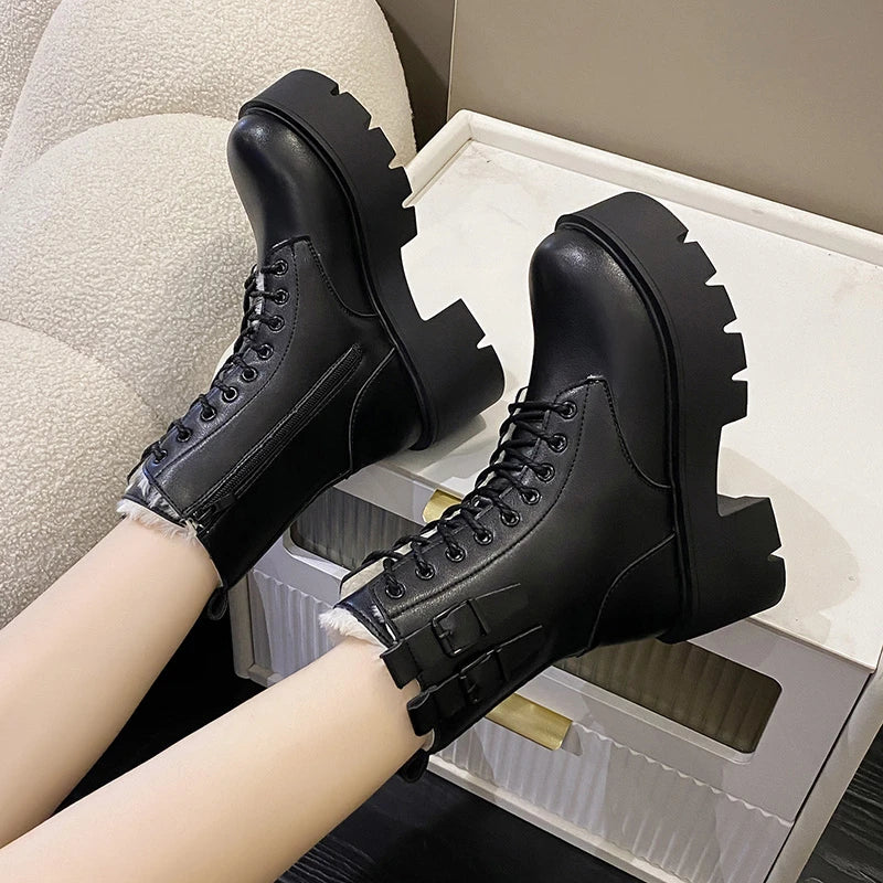 Gominglo - Women's Winter Fashion Boots Solid Color Lace-Up Elegance with Round Head and Side Zipper GOMINGLO