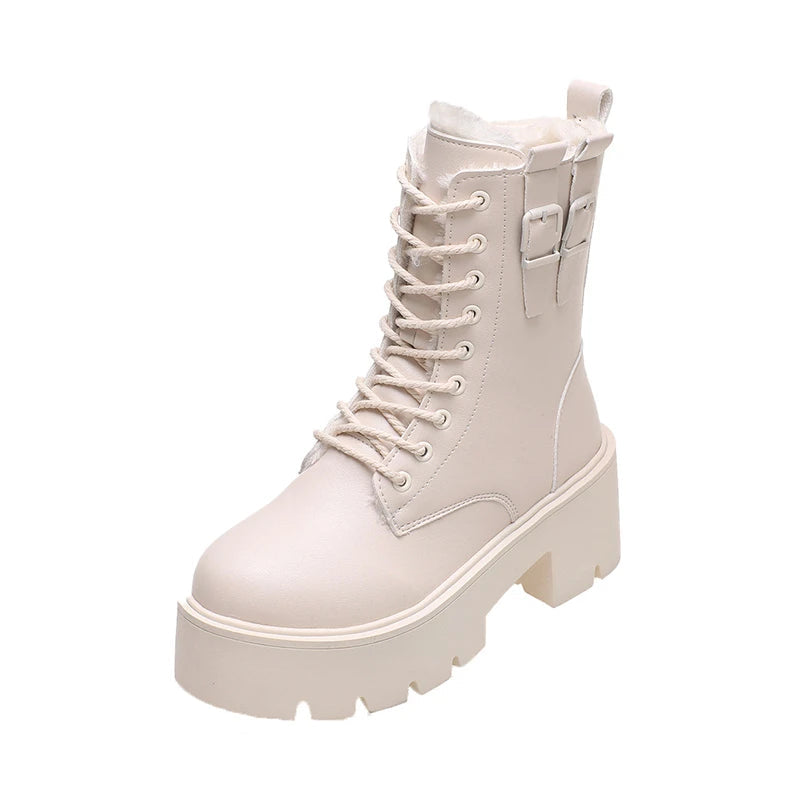 Gominglo - Women's Winter Fashion Boots Solid Color Lace-Up Elegance with Round Head and Side Zipper GOMINGLO