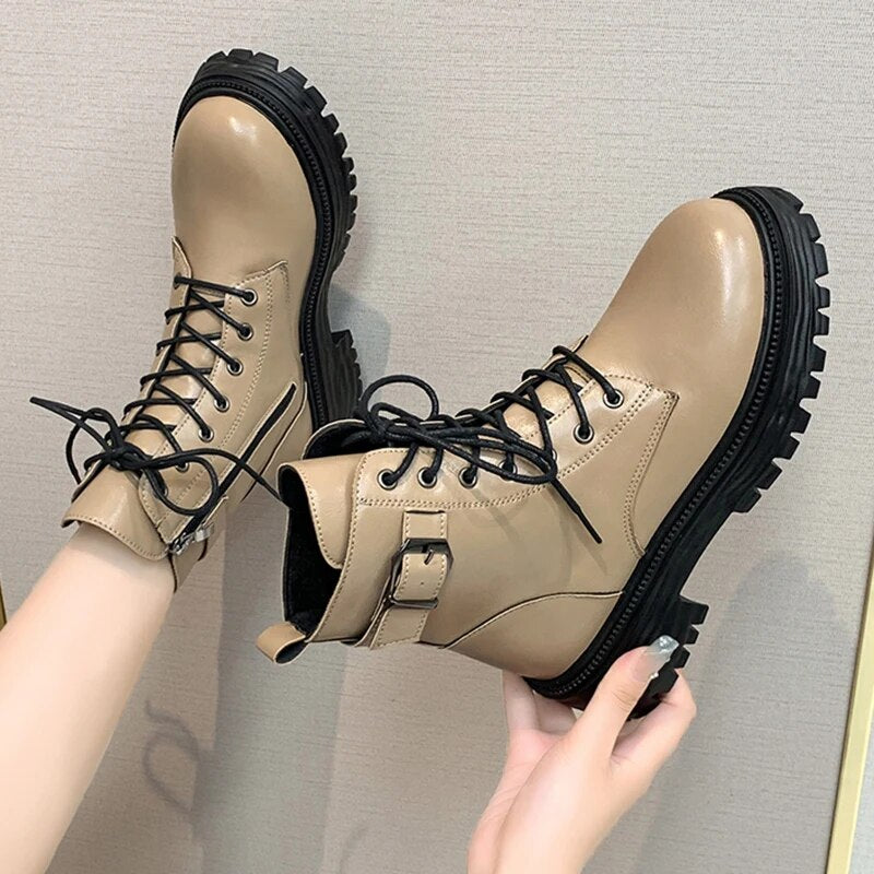 Gominglo - Women's fashion Metal Buckle Autumn Winter Short Plush Ankle Boots GOMINGLO