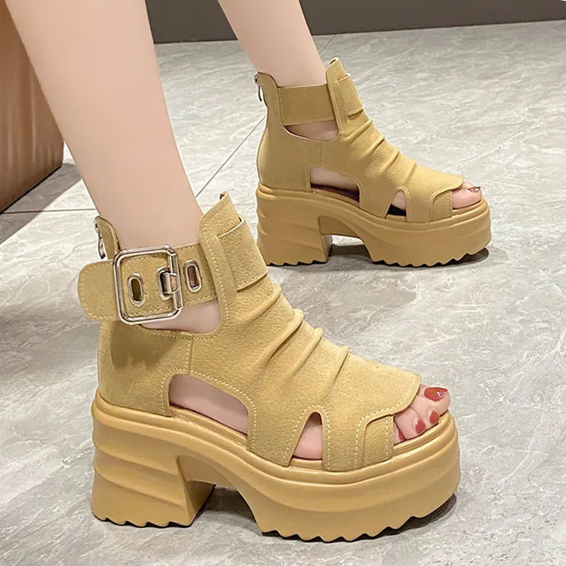 Gothic Chunky Platform Peep Toe Gladiator Thick Bottom Sandals For Women GOMINGLO