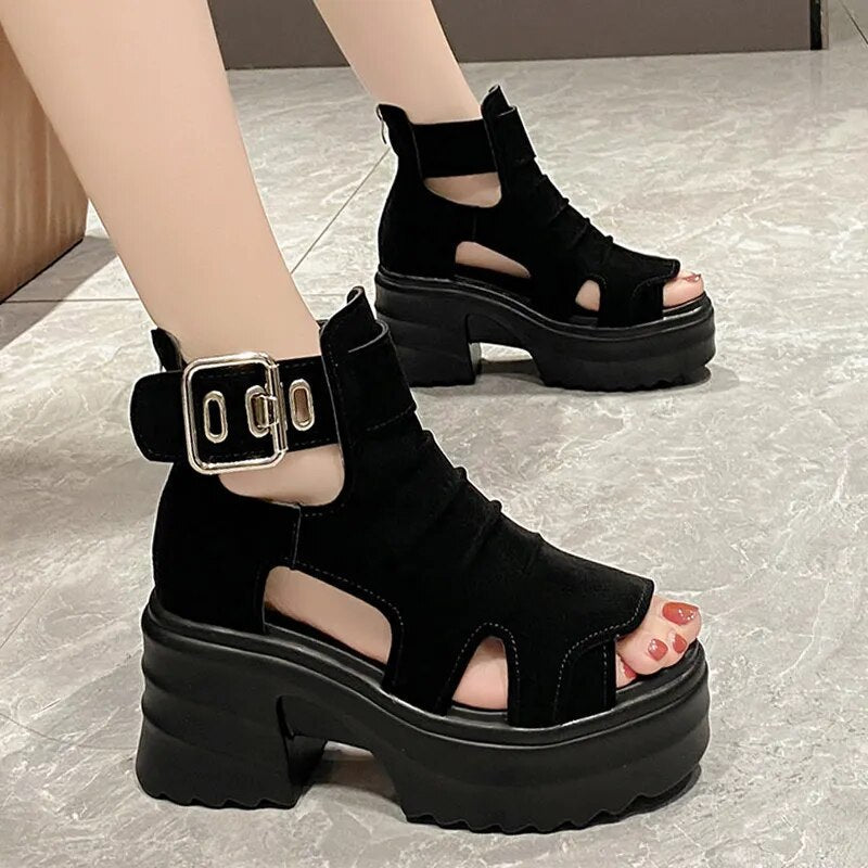 Gothic Chunky Platform Peep Toe Gladiator Thick Bottom Sandals For Women GOMINGLO