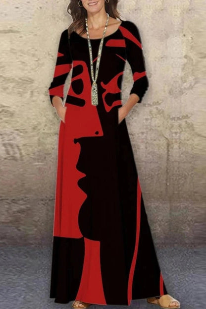 O-Neck Printed Long Sleeve Maxi Dress