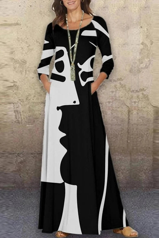 O-Neck Printed Long Sleeve Maxi Dress