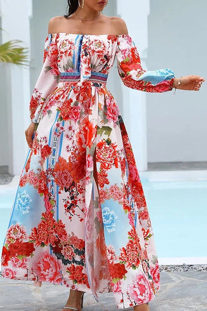 Floral Print Off-Shoulder Long Sleeve Maxi Dress