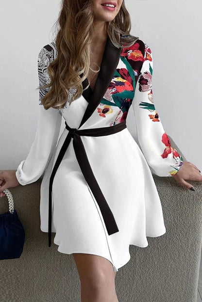 V-Neck Long Sleeve Patchwork Mini Dress