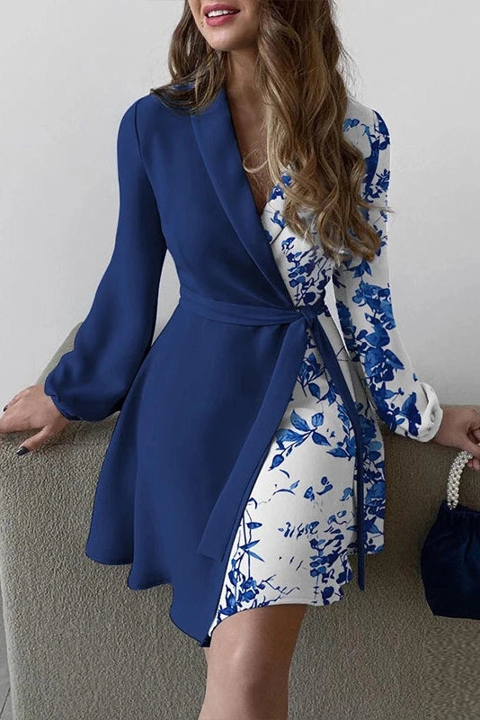 V-Neck Long Sleeve Patchwork Mini Dress