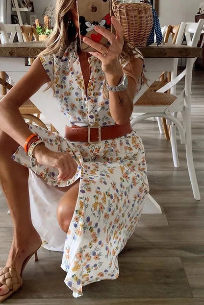 Sleeveless V-Neck Floral Print Midi Dress