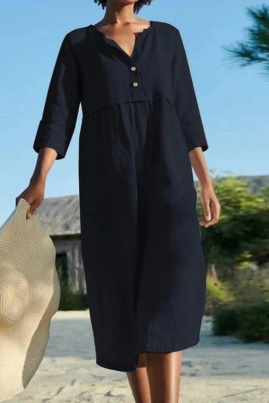 V-Neck Cotton Half Sleeves Midi Dress