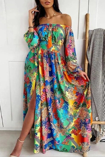 Floral Print Off-Shoulder Long Sleeve Maxi Dress