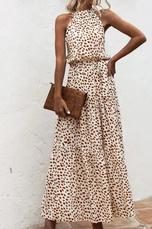 Sleeveless Polka Dot Halter Maxi Dress