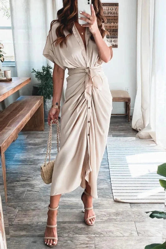 Deep V-Neck Short Sleeves Maxi Dress