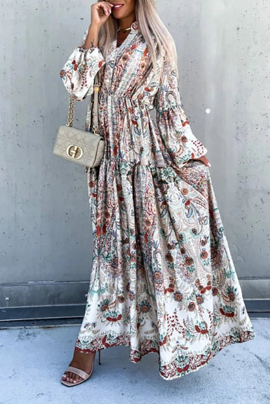 Elegant Printed V-Neck Maxi Dress