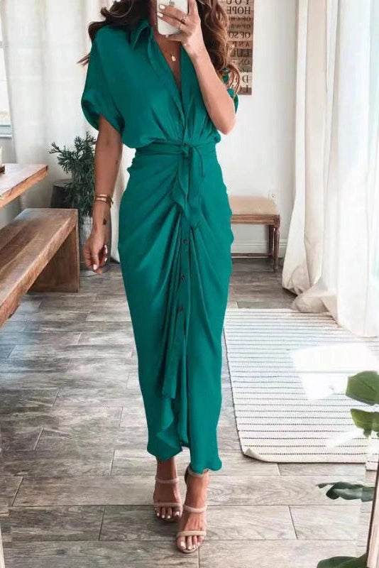 Deep V-Neck Short Sleeves Maxi Dress