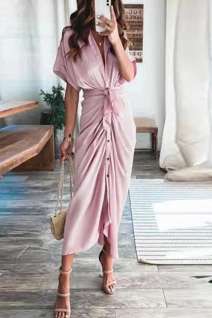 Deep V-Neck Short Sleeves Maxi Dress