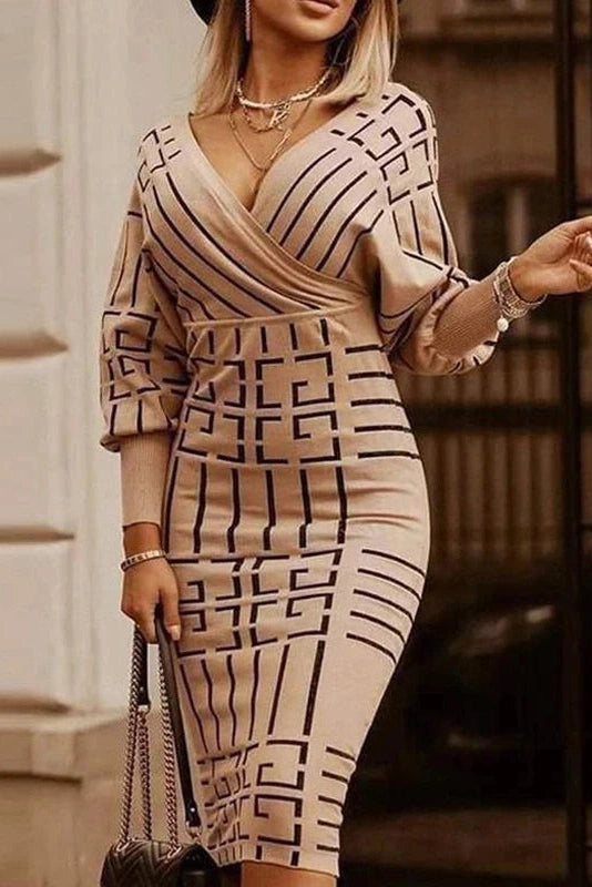 Elegant V-Neck Long Sleeve Midi Dress