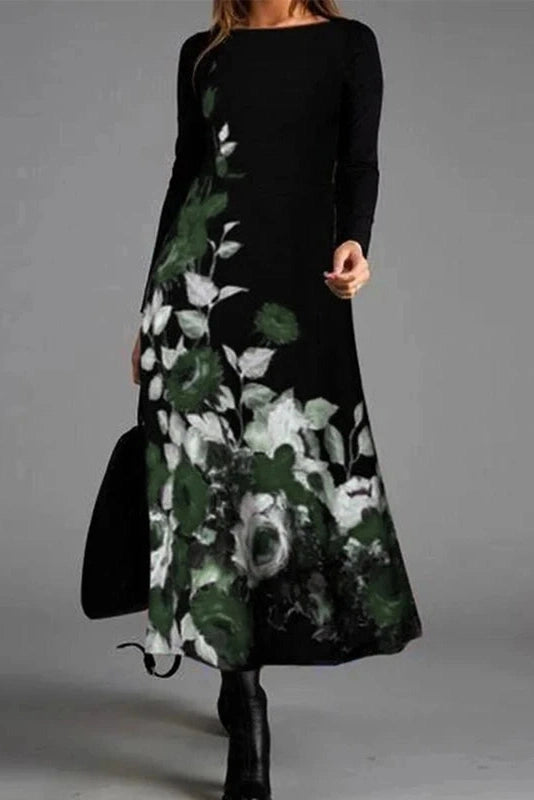 Printed Long Sleeve O-Neck Midi Dress