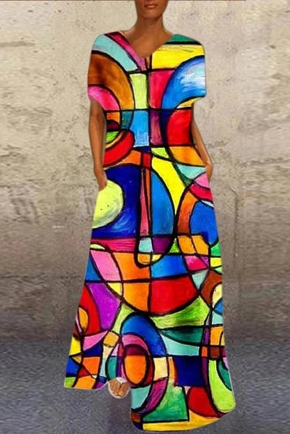 Printed V-Neck Short Sleeve Maxi Dress