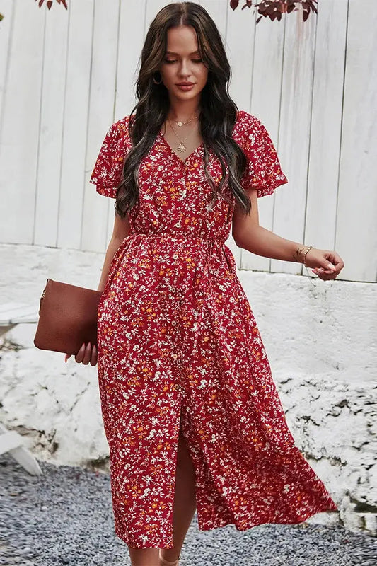 Vintage V Neck Floral Printed Bohemian Maxi Dress