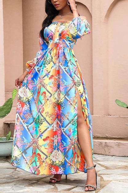 Floral Print Off-Shoulder Long Sleeve Maxi Dress