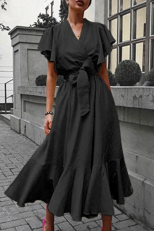 Elegant V-Neck Short Sleeve Midi Dress