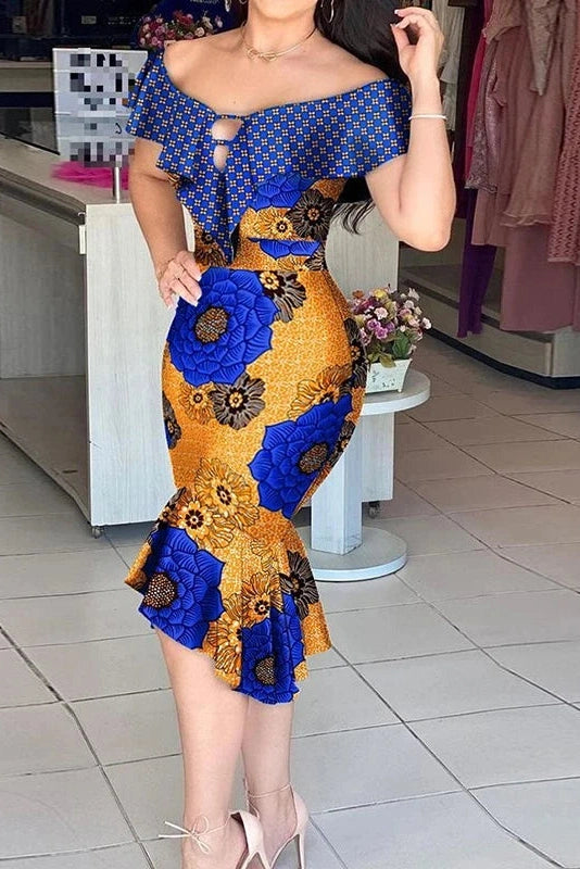 Elegant Printed Deep V-Neck Midi Dress