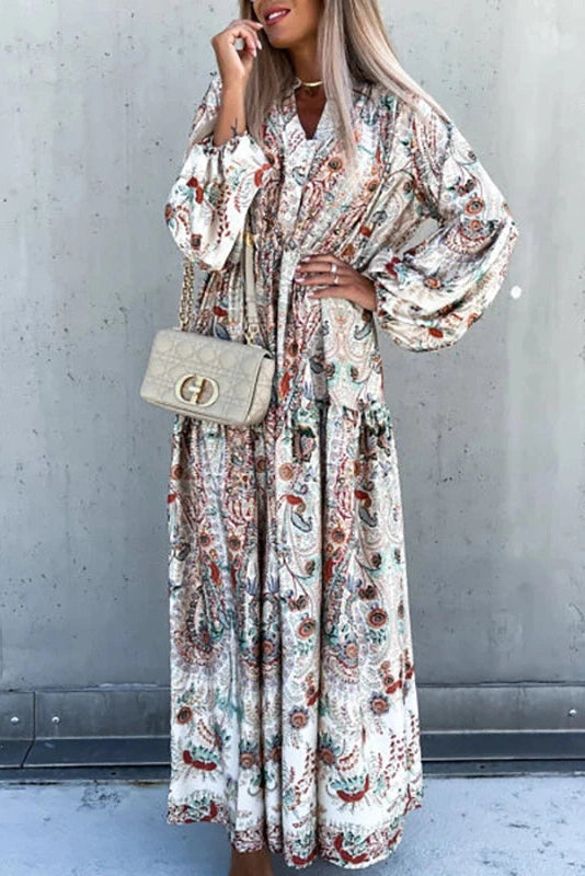 Elegant Printed V-Neck Maxi Dress