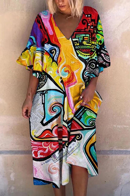 Printed Short Sleeve V-Neck Midi Dress