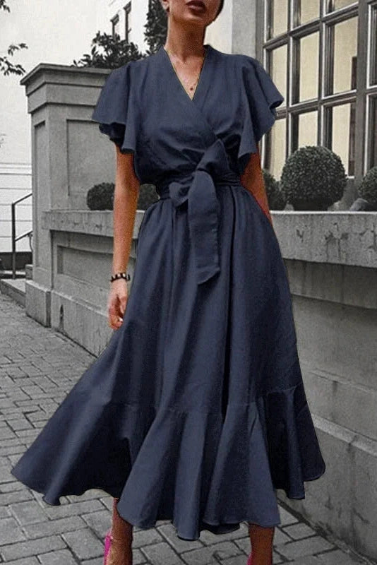 Elegant V-Neck Short Sleeve Midi Dress