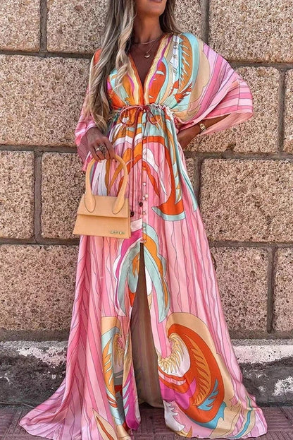 V-Neck Long Sleeve Printed Maxi Dress