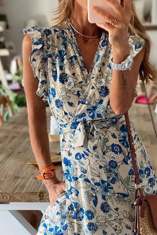 Sleeveless V-Neck Floral Print Midi Dress