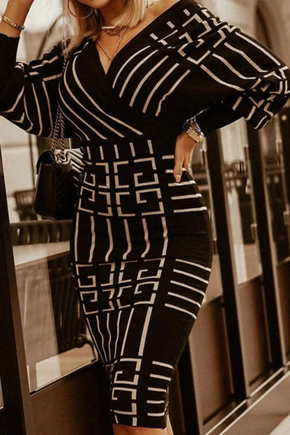 Elegant V-Neck Long Sleeve Midi Dress