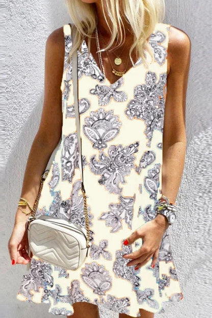 V-Neck Sleeveless Printed Mini Dress