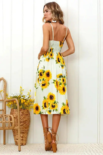 Sunflower Printed Strapless Backless Midi Dress