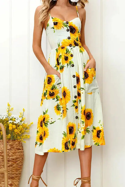 Sunflower Printed Strapless Backless Midi Dress