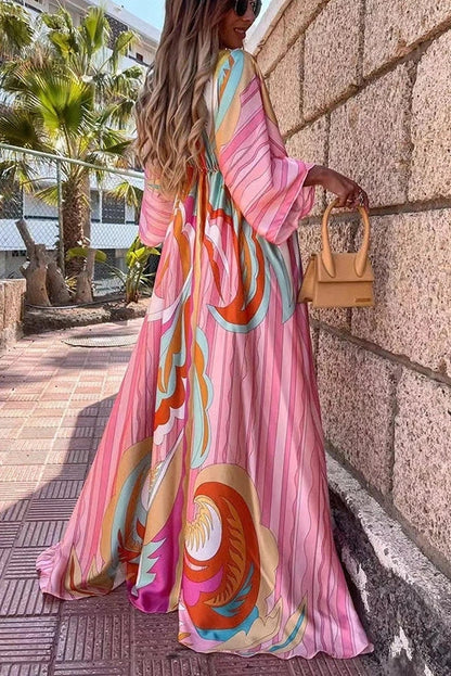 V-Neck Long Sleeve Printed Maxi Dress